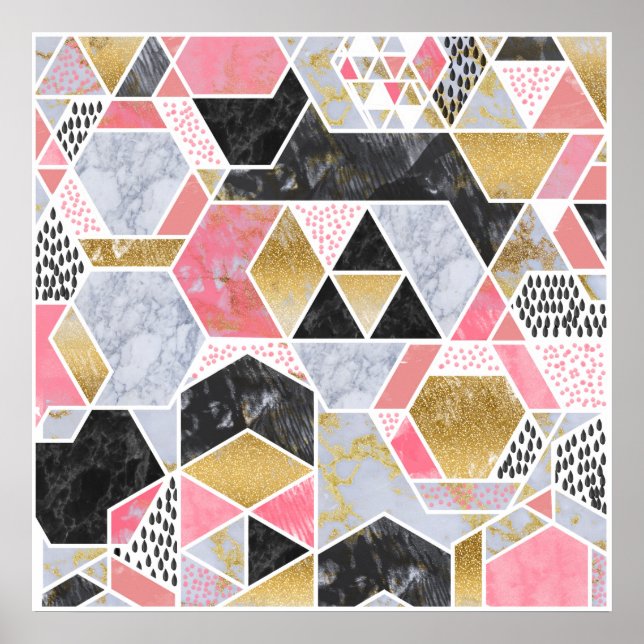 Pretty faux gold glitter marble geometric design poster (Front)