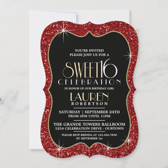 Pretty Faux Red Glitter Sweet 16 Party Invitations (Front)