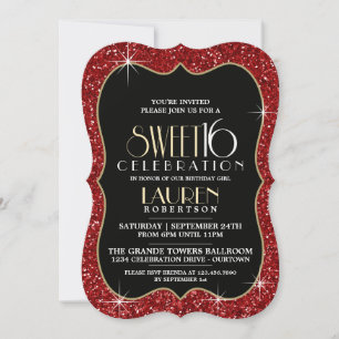 Pretty Faux Red Glitter Sweet 16 Party Invitations