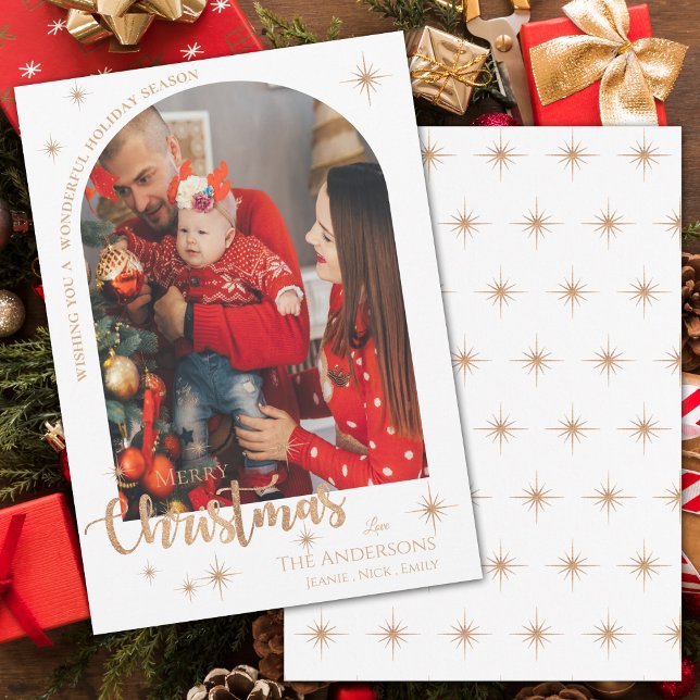 Pretty Faux Rose Gold Family Photo Merry Christmas Holiday Card (Pretty Faux Rose Gold Family Photo Merry Christmas Holiday Card)