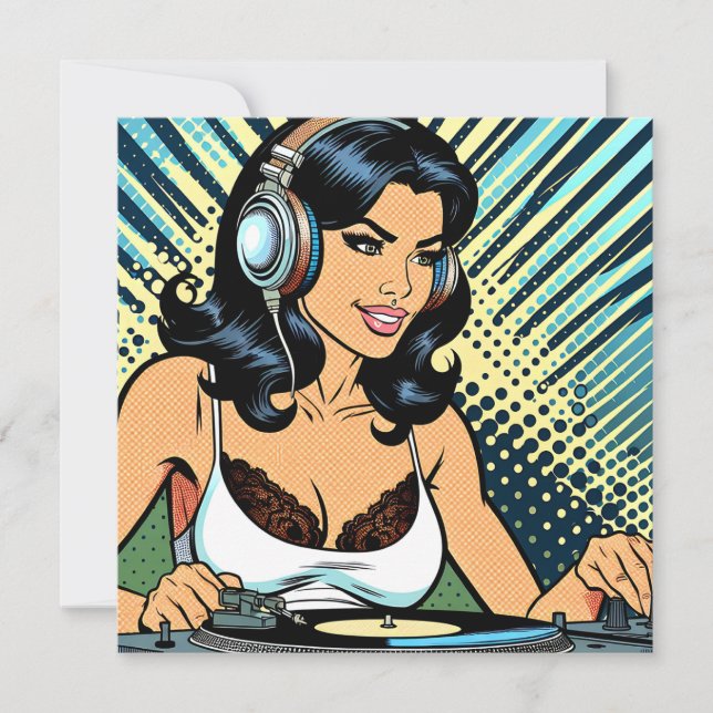 Pretty Female Deejay Jamming Pop Art  Holiday Card (Front)