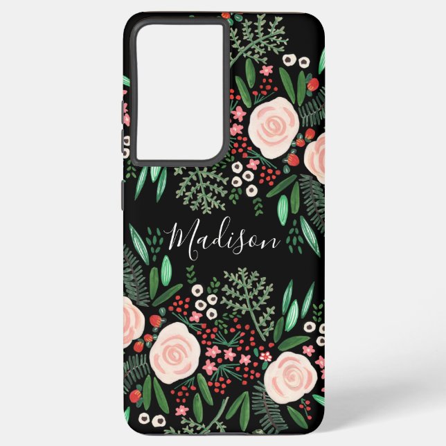 Pretty Feminine Black Botanical Floral Roses Samsung Galaxy S21 Ultra Case (Back)