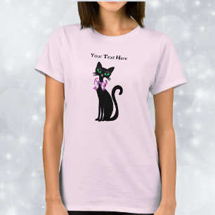 Pretty Feminine Black Cat Green Eyes Pink Bow T-Shirt