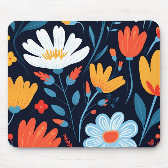 Pretty Feminine Black Floral Pattern Mouse Mat (Front)