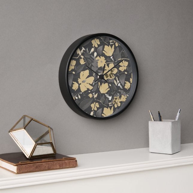 Pretty Feminine Gold Grey Floral Pattern Clock (Office)