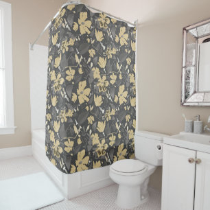 Pretty Feminine Gold Grey Floral Pattern Shower Curtain
