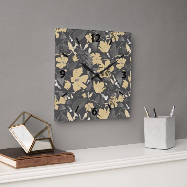 Pretty Feminine Gold Grey Floral Pattern Square Wall Clock (Office)