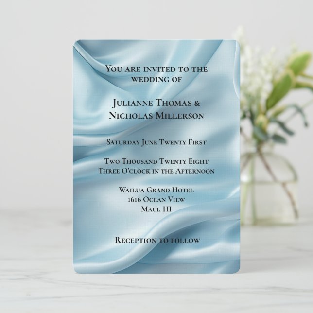 Pretty Feminine Light Blue Faux Satin Wedding  Invitation (Standing Front)