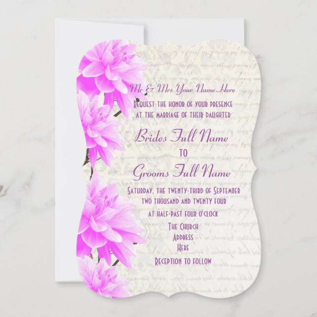Pretty feminine mauve and pink floral wedding invitation (Front)