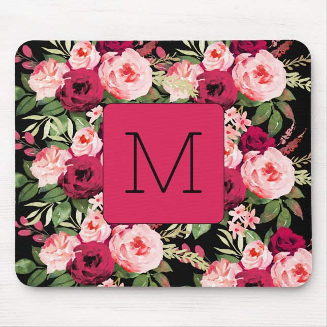 Pretty feminine monogram black and pink floral mouse mat (Front)