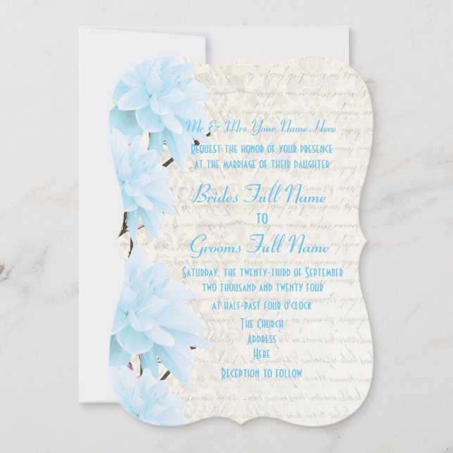 Pretty feminine pale pastel blue floral wedding invitation (Front)