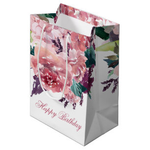 Pretty Feminine Pink Watercolor Floral Birthday Medium Gift Bag