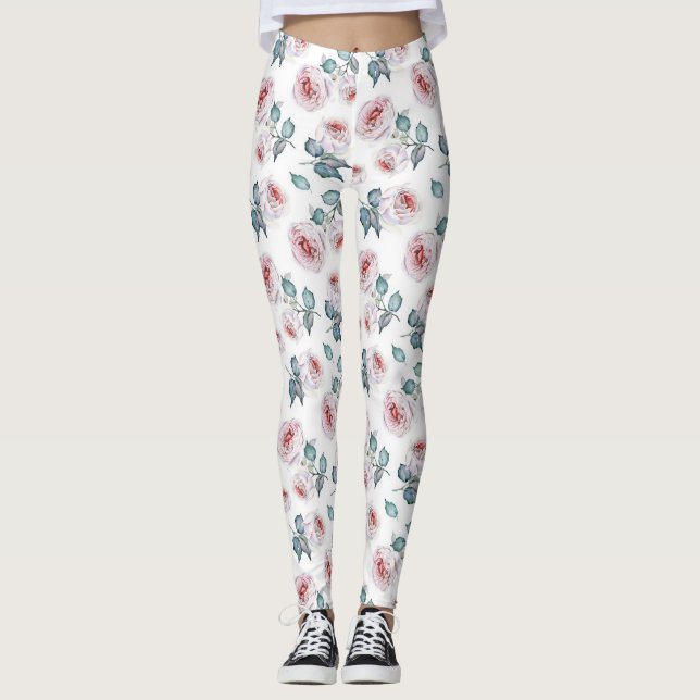 Pretty Feminine Soft Pink Roses Pattern  Leggings (Front)