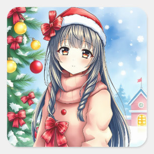 Pretty Festive Anime Girl Christmas Square Sticker