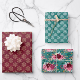 Pretty Festive Burgundy And Green Florals Wrapping Paper Sheet
