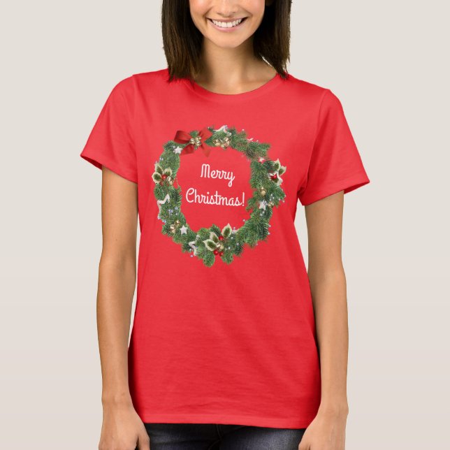 Pretty Festive Christmas Holiday Wreath Art T-Shirt (Front)