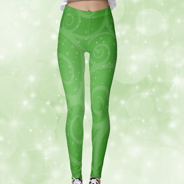 Pretty Festive Green With Swirls and Circles Leggings (Pretty festive abstract green with swirl pattern and dots on womans leggings.)