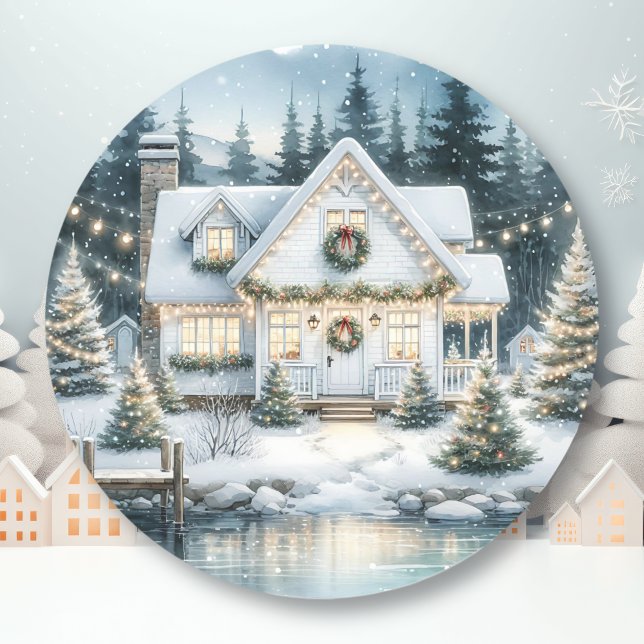 Pretty Festive House on a Frozen Lake Christmas Classic Round Sticker (Creator Uploaded)