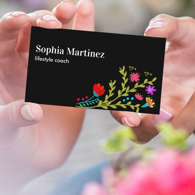 Pretty Fiesta Floral Bouquet Black Social Media Business Card (Creator Uploaded)