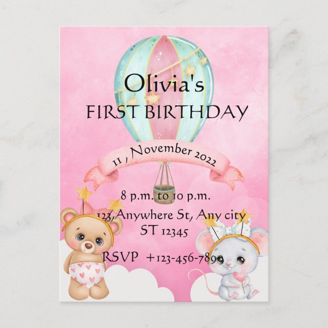 Pretty First Birthday Invitation  Postcard (Front)