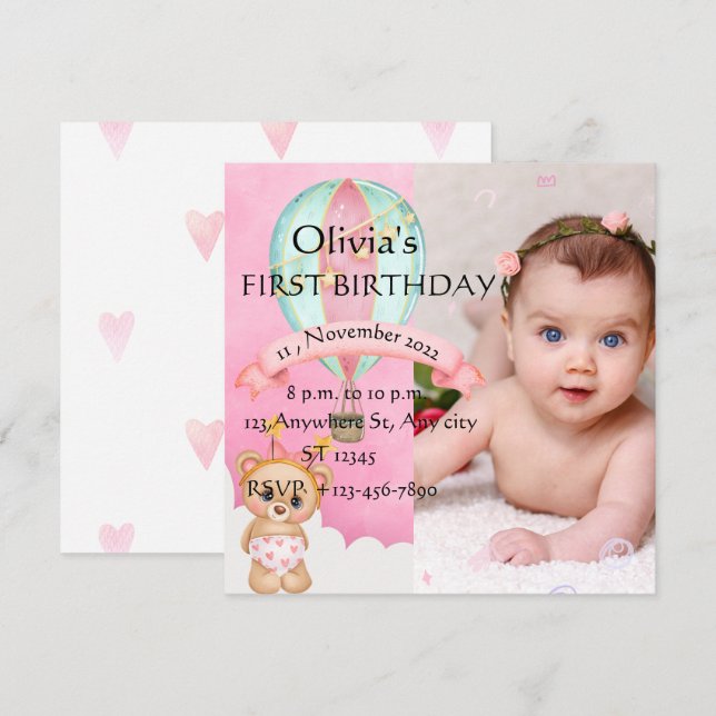 Pretty First Birthday photo Invitation (Front/Back)