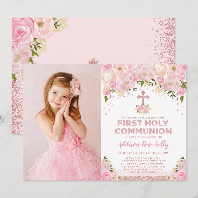 Pretty First Holy Communion Rose Gold Pink Floral Invitation (Front/Back)