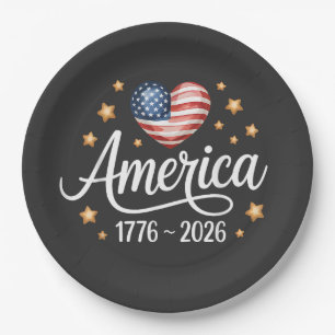 Pretty Flag Heart 1776-2026 July 4th 250th Paper Plate