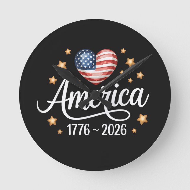 Pretty Flag Heart 1776-2026 July 4th 250th  Round Clock (Front)