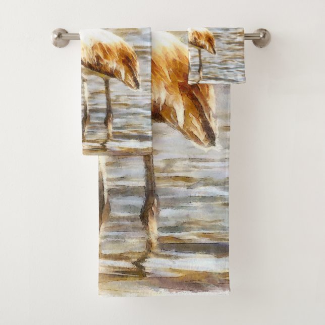 Pretty Flamingo Fledgling Watercolor Bath Towel Set (Insitu)