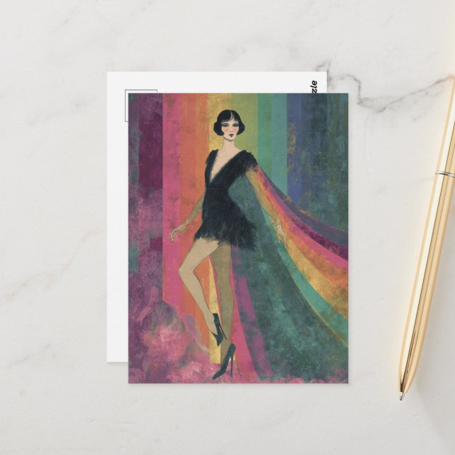 Pretty Flapper Woman in a Rainbow Cape Postcard (Front/Back In Situ)