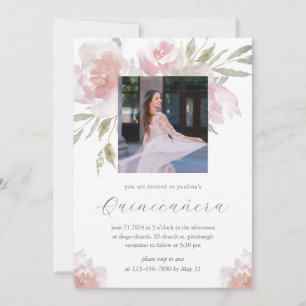 Pretty Floral 15 Years Birthday Quinceañera Photo Invitation
