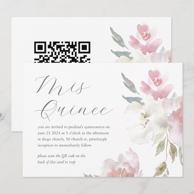 Pretty Floral 15th Birthday Quinceañera QR Code Invitation (Front/Back)