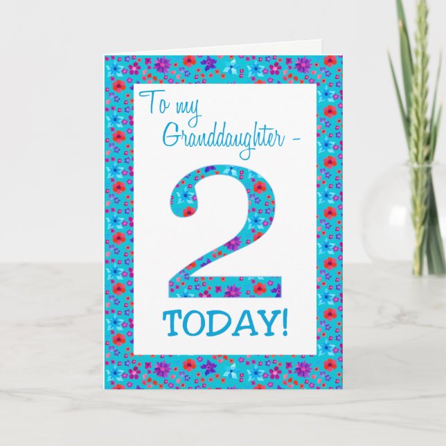 Pretty Floral 2nd Birthday Granddaughter Blue Card (Front)