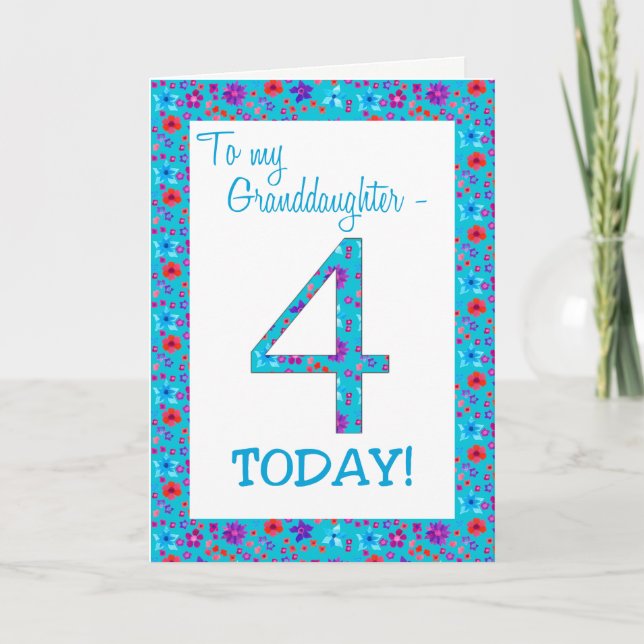 Pretty Floral 4th Birthday Card Granddaughter Blue (Front)