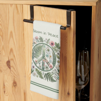 Pretty Floral 70's Retro "Bloom in Peace" Sign Tea Towel