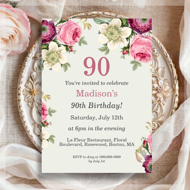 Pretty Floral | 90th Birthday Invitation (Creator Uploaded)