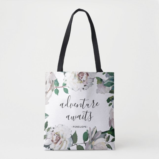 Pretty Floral Adventure Awaits with Name Tote Bag (Front)