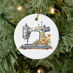 Pretty Floral Antique Sewing Machine Christmas Ceramic Tree Decoration