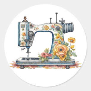 Pretty Floral Antique Sewing Machine Christmas Classic Round Sticker