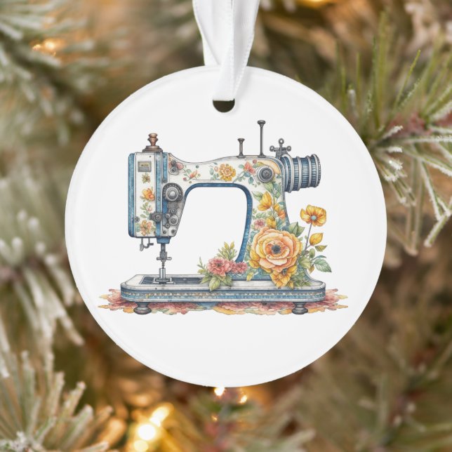 Pretty Floral Antique Sewing Machine Christmas Ornament (Tree)