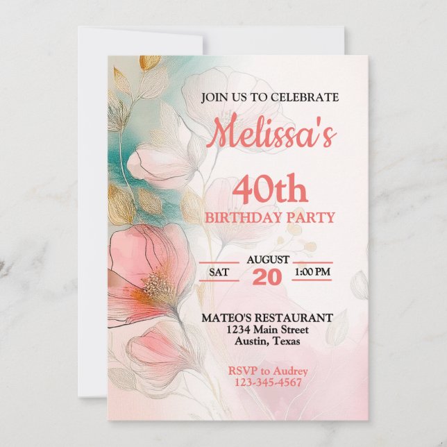 Pretty Floral Any Age Birthday Party Invitation (Front)