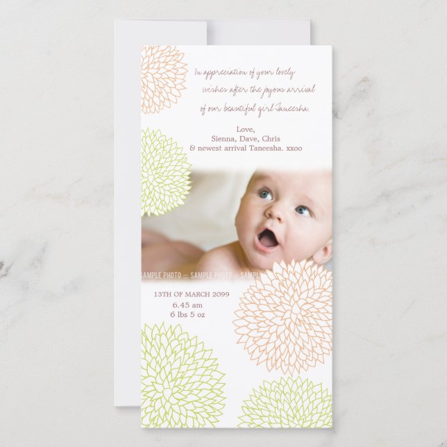 Pretty Floral Baby Birth Thank You Photo Card (Front)