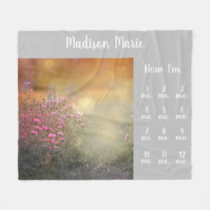 Pretty Floral Baby Milestones Grey Fleece Blanket