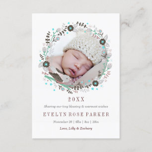 Pretty Floral Bird Wreath Birth Announcement
