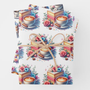 Pretty Floral Birthday Cake, Coffee and Flowers Wrapping Paper Sheet