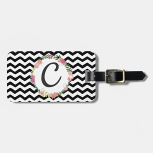 Pretty Floral Black White Chevron Monogram Luggage Tag