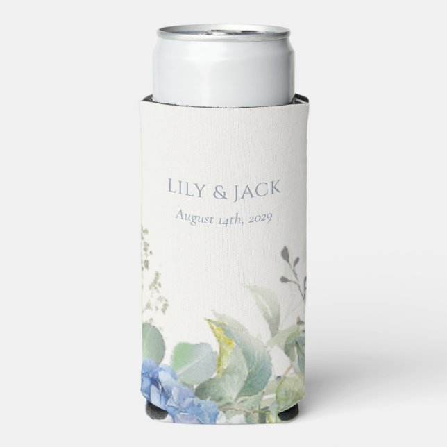 Pretty Floral Blue Hydrangea Event Wedding  Seltzer Can Cooler (Seltzer Front)