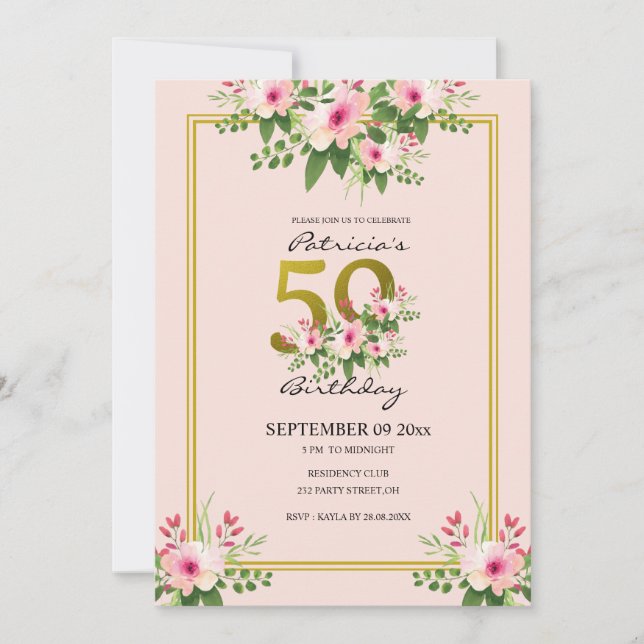 Pretty Floral Blush Pink And Gold 50th Birthday Invitation (Front)
