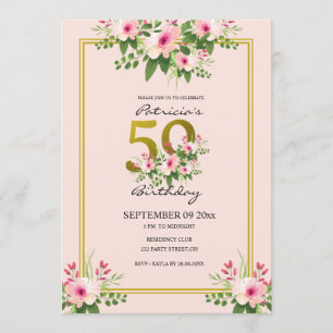 Pretty Floral Blush Pink And Gold 50th Birthday Invitation