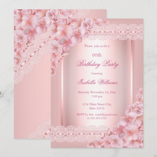 Pretty Floral blush Pink lace Birthday Party Invitation (Front/Back)